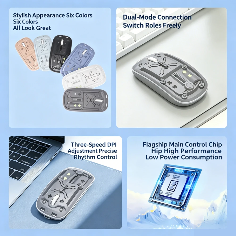 KEBIDUMEI Transparent Dual Mode Bluetooth 2.4G Wireless Mouse One-Click Desktop Type-C Rechargeable Silent Mice for Laptop PC