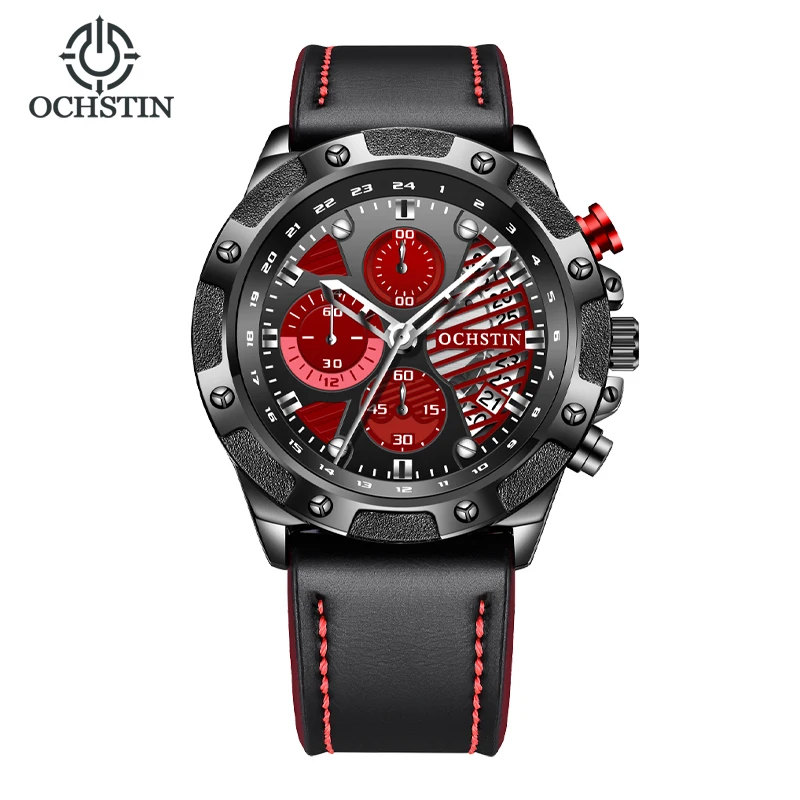 OCHSTIN Top Brand Men's Quartz Wristwatch Fashion Sports Chronograph Military Waterproof Leather Calendar Watch Men reloj hombre