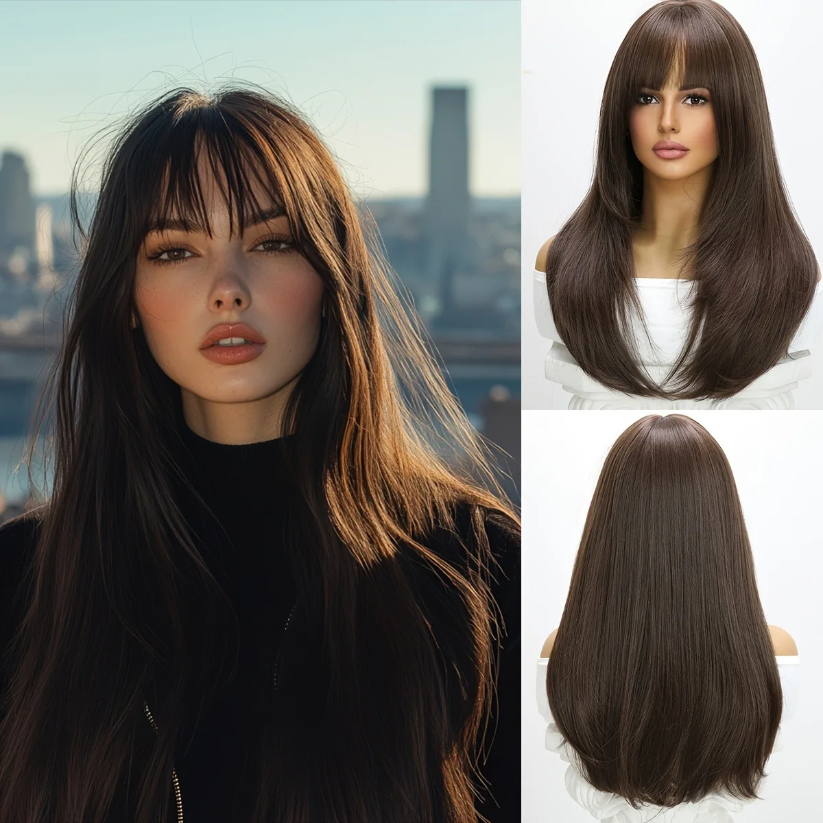 

Europe and the United States popular fashion wig Qi bangs dark brown straight hair high temperature silk headgear
