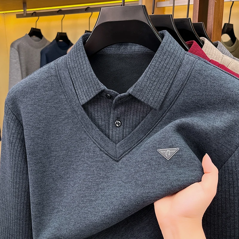 High Quality Men's False Two-Piece Polo Shirt Autumn New Solid Color Print Long Sleeved Lapel T-shirt Business Casual Men's Wear