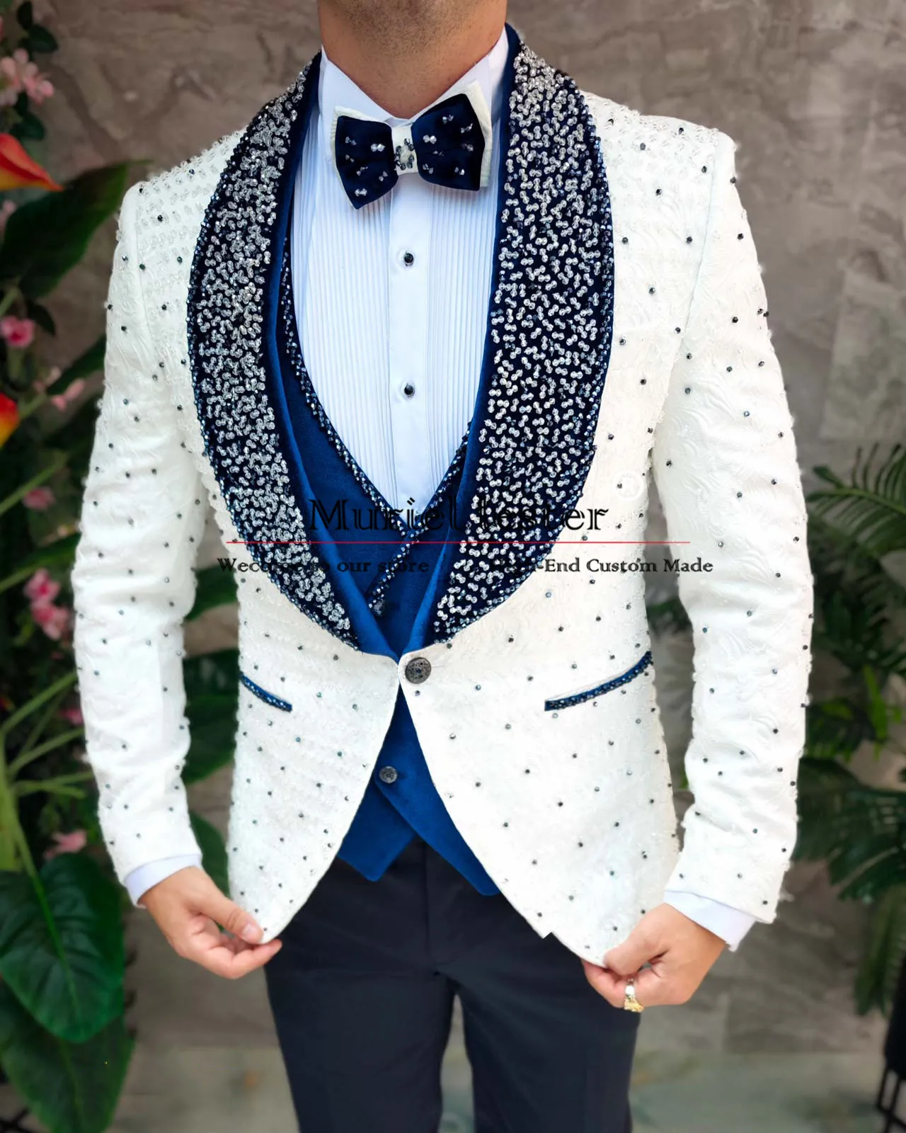 Jacquard Groom Wedding Suits For Men Luxury Crystals Beaded Jacket Vest Pants 3 Pieces Formal Groom Tuxedos Banquet Men\'s Dress