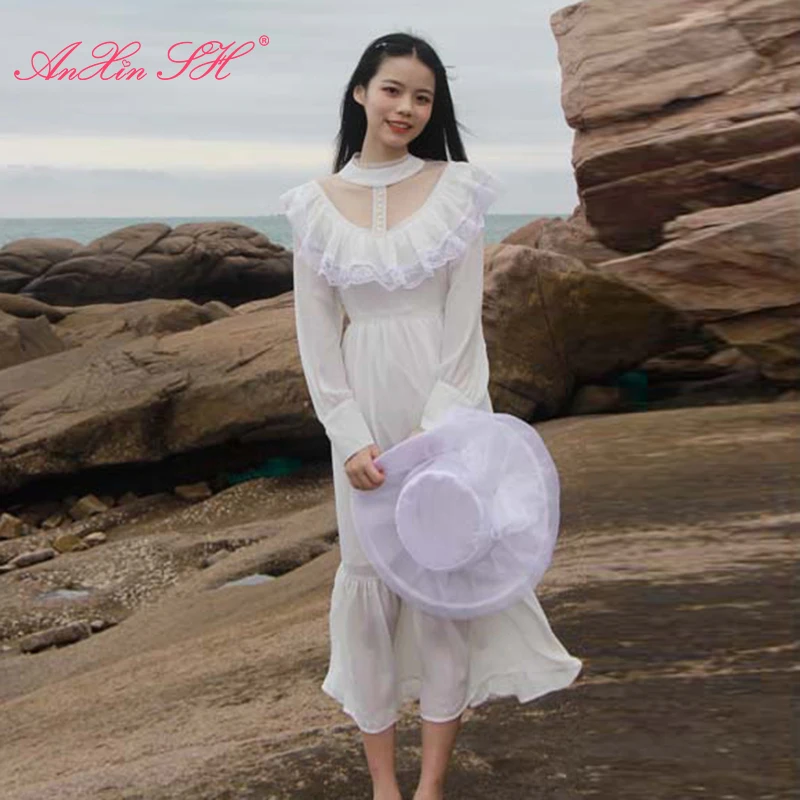 

AnXin SH vintage princess chifon white flower lace illusion neck long sleeve pearls button zipper bow a line evening dress