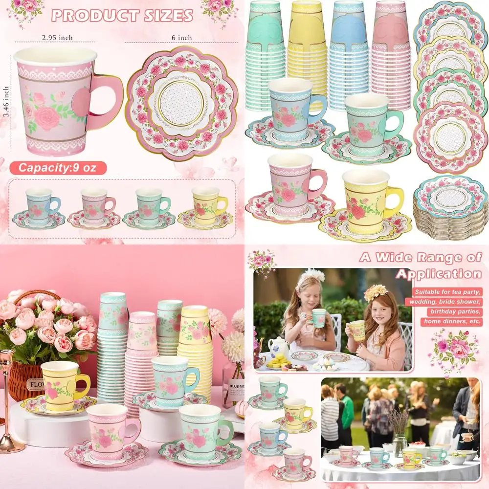 

Disposable 9 oz Paper Tea Cups with Saucers, Ideal for Parties and Celebrations (Classic Style)
