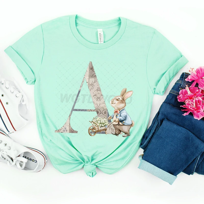 Easter Letters A B C D Classic Tops Tees Women Floral Rabbit Bunny Vintage T Shirts Happy Easter Gift 26 Alphabet Flower T-shirt