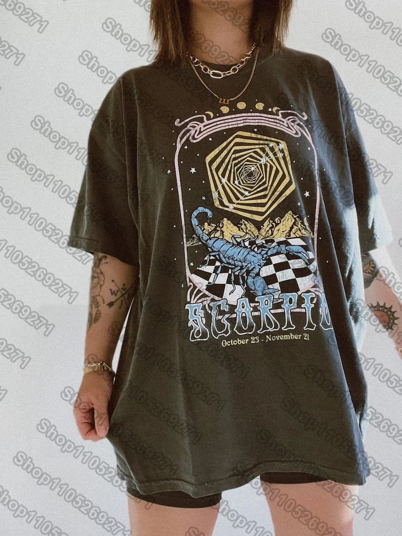 12 Zodiac Signs Dark Gray Printed T-Shirt — Libra, Leo, Aries, Sagittarius, Gemini Short-sleeved Retro Street Y2K Fashion Tops
