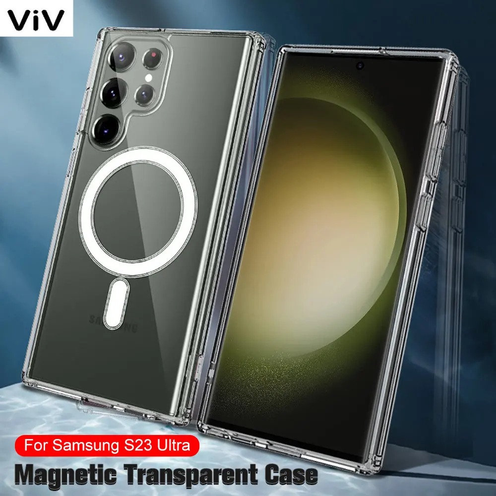 For MagSafe Crystal Transparent Magnetic Wireless Charging Phone Case Samsungs Galaxy S23 Ultra Shockproof Cover S 23 + S23Ultra