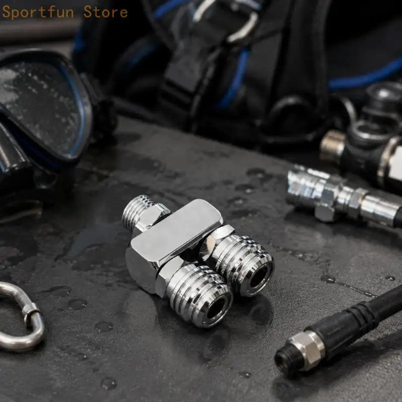 One-to-Two Diving Hose Splitter with Three Fitting Openings for Routing a Regulator Low-Pressure Line toward Two Inflator Line