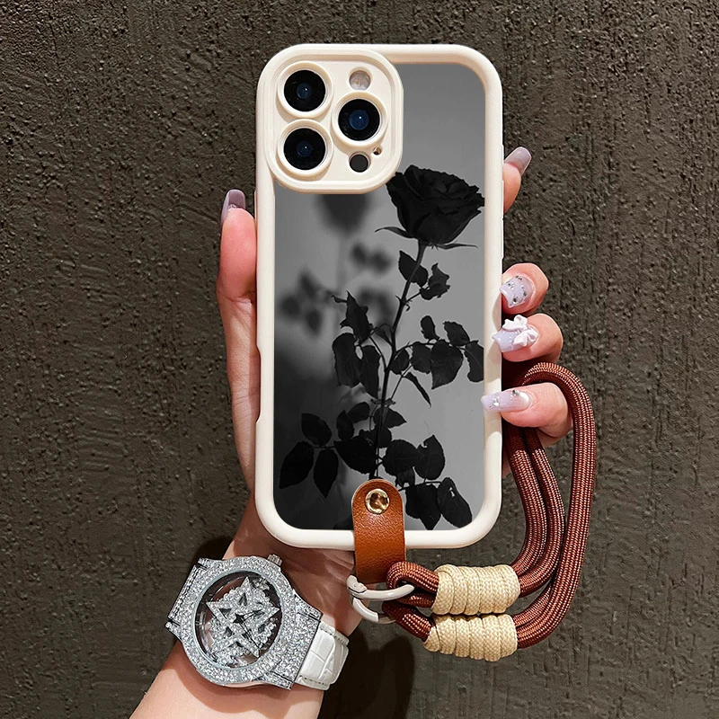 Schwarzes Rosen-Lanyard-Handyband für iPhone 15 16 17 Pro Max 14 13 12 11 Pro Plus XS XR Stoßfeste Matte Silikonhülle – Detail 6