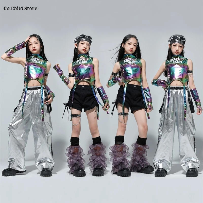 Meninas k-pop brilhante colheita topo dança shorts calças de carga crianças hip hop jazz conjuntos de roupas crianças adolescentes streetwear menina grupo traje