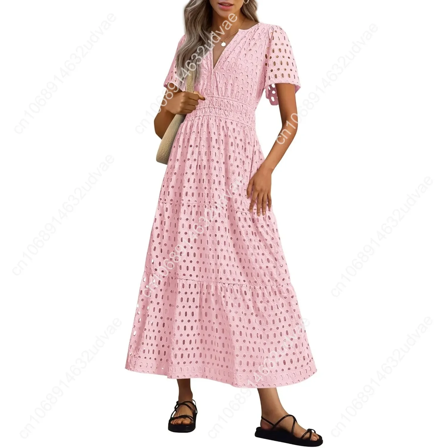 

2025 Summer Maxi Dress Womens Short Sleeve V Neck Hollow Out Eyelet A Line Long Flowy Beach Vacation Dresses