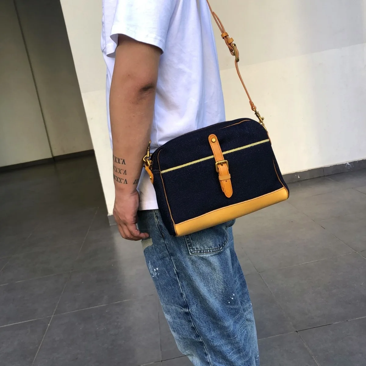Advanced design denim shoulder crossbody bag, minimalist mailman bag, men's workwear bag