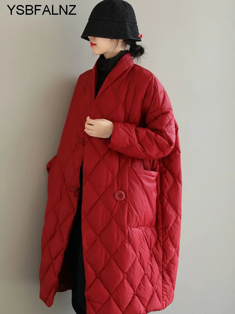 Abrigos de algodón para mujer, Parkas largas holgadas de talla grande con entramado de diamantes, ropa para invierno, 2023