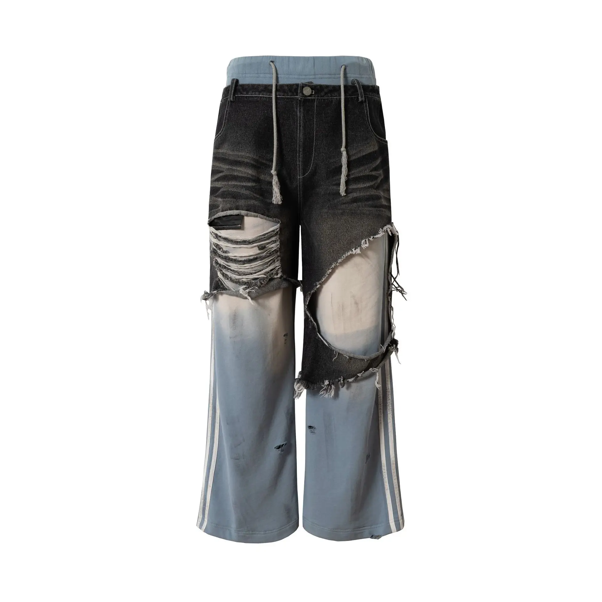 

Fashion High Street Destroyed Hip Hop Jeans Pants With Patchwork Double High Waist Ripped Denim Trousers Personality Design