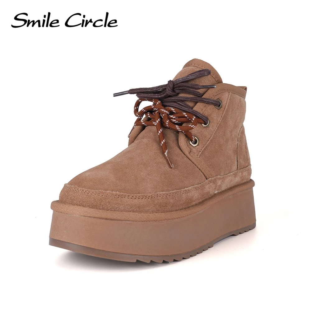 Smile Circle Zimowe buty śniegowe Damskie zamszowe sznurowane buty na platformie Ciepłe modne buty na co dzień