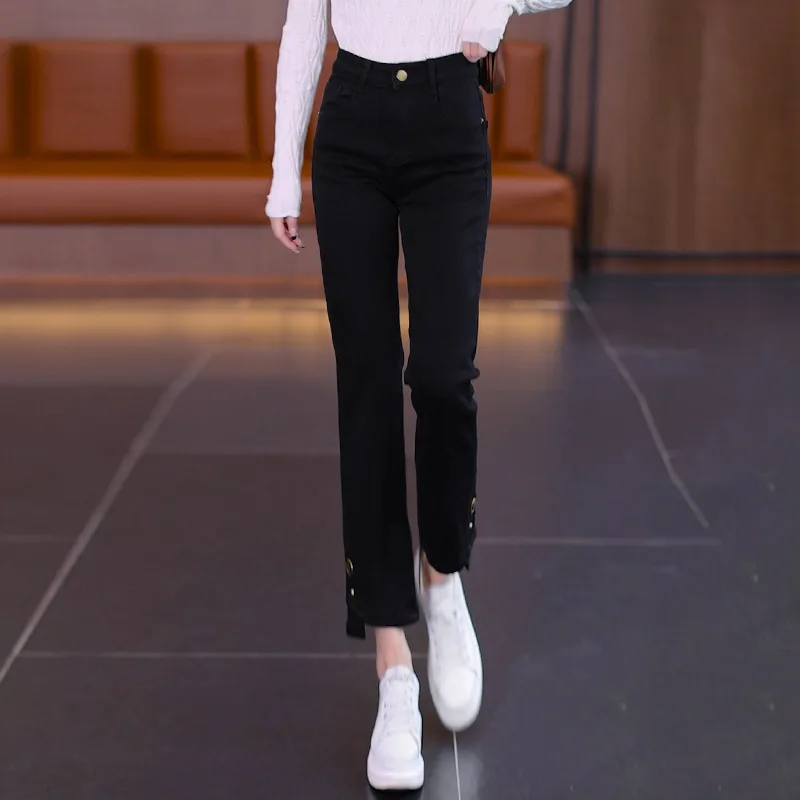 جينز رمادي أسمنتي عتيق للنساء، سروال مستقيم نحيف مبطن بالصوف للخريف، سروال حريم كاجوال