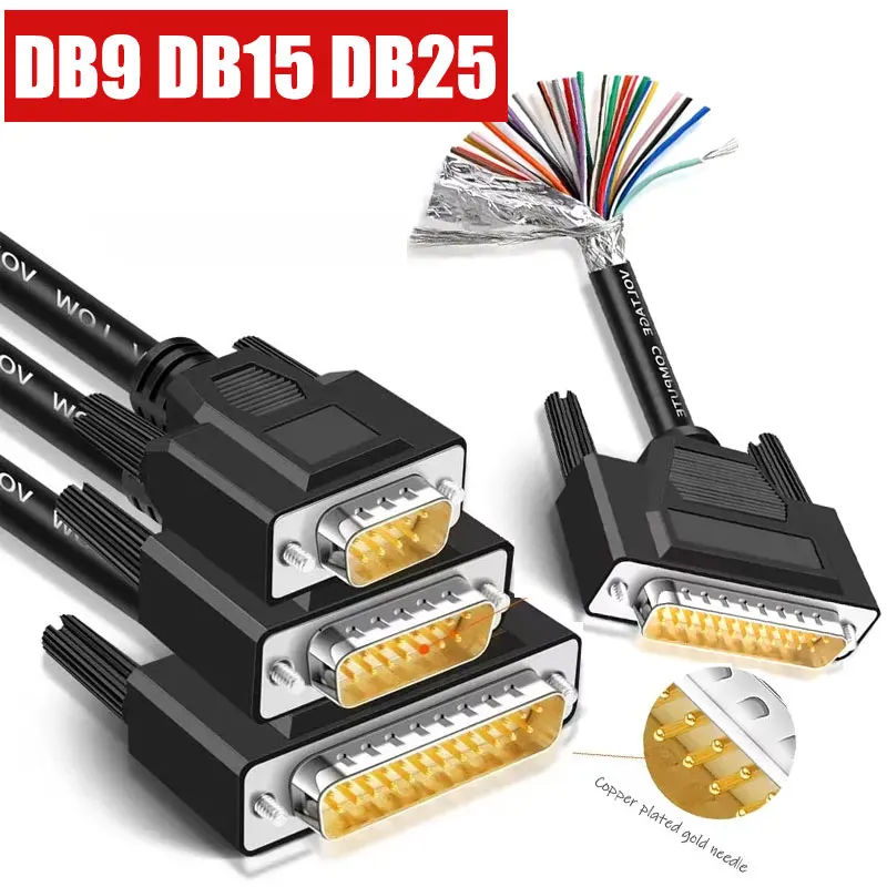 Industrial DB9/15/25 Single Head Connector Cable 24AWG 9/15/25Pin Male Female RS232 Serial Port Plug Double Shielded Data Wire