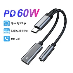 USB C to 3.5 MM Jack AUX Cable 2 in 1 Audio Charge Adapter Type-C 3.5MM Headphone HiFi Converter 60W PD Charging For iPad Pro