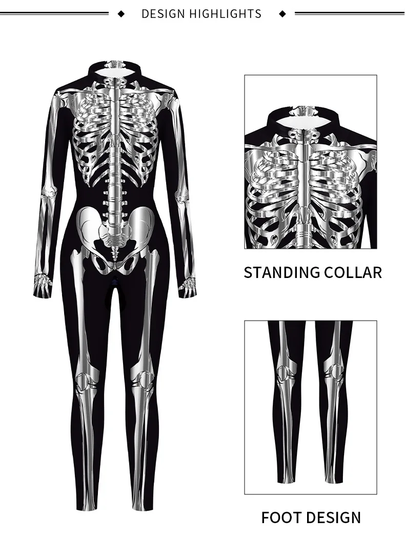 Karneval Halloween Party Fluoreszierender Skelett-Druck Damen Sexy Jumpsuit Cosplay Kostüme Ausgefallener Totenkopf-Bodysuit Mujer 2026 – Detail 1