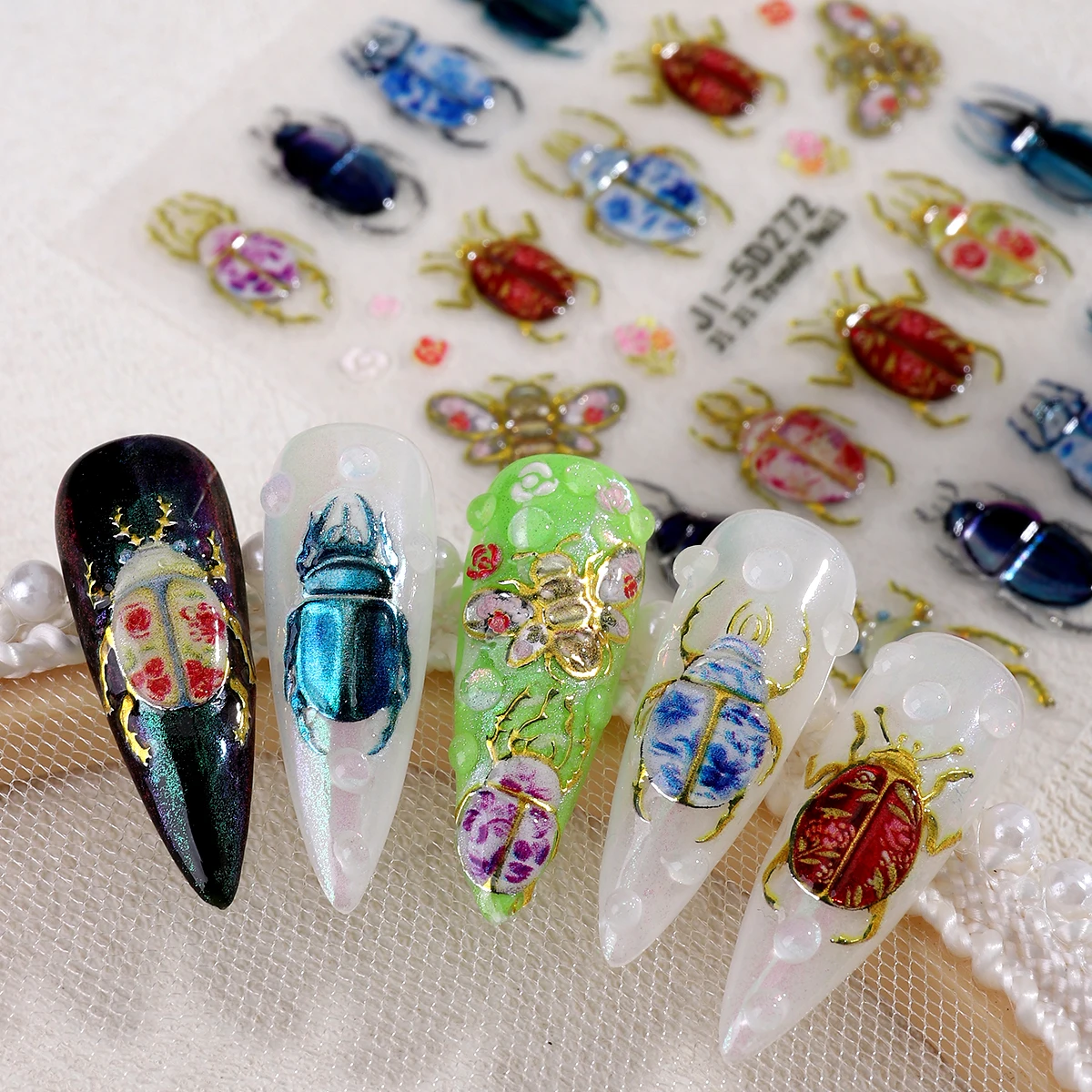 5D Embossed Beetle Nail Sticker, Vintage Floral Insect Nail Art Decal, Colorful Scarab Bug Butterfly Self-Adhesive Nail Decorate view 5