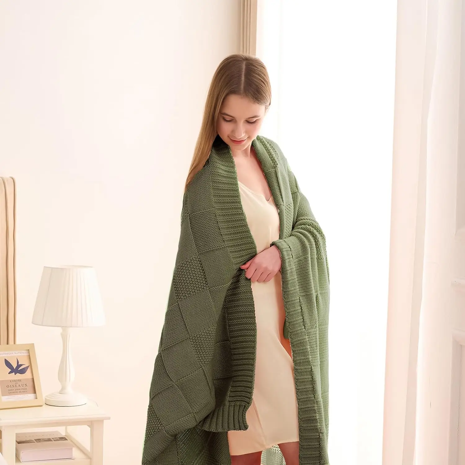 Knit Throw Blanket,Olive Green Checkered Throw Blanket for Couch,Soft Cozy Warm Knitted Throw Blanket for Bed Sofa Living Room