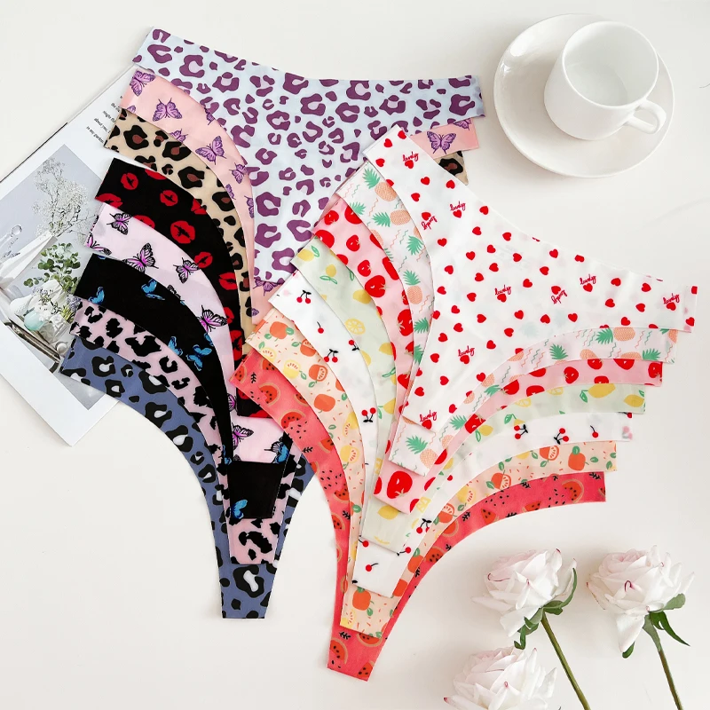 5Pcs Ice Silk Graphic Print Thongs Women's Sexy Seamless Leopard G Strings Low… - Image 4