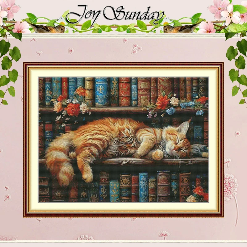 

The Cat on the Bookshelf Patterns Counted Cross Stitch Set 11CT 14CT 16CT HD Stamped DMC Cross-stitch Kit Embroidery Needlework