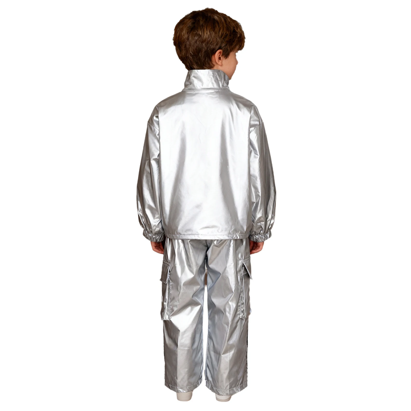 Kids Boys Girls Hip-Hop Jazz Street Dance Costume Long Sleeve Zipper Stand Collar Pullover Top with Pants Metallic Shiny Outfit