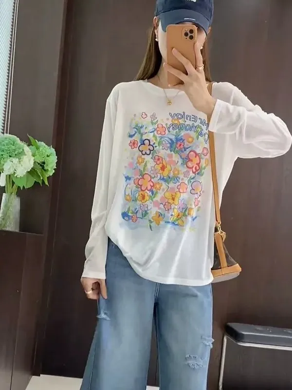 

Korean Style Long Sleeve Printed T-Shirt Women's Spring Summer New Casual Slimming Versatile Thin Top Trendy round Neck Tee