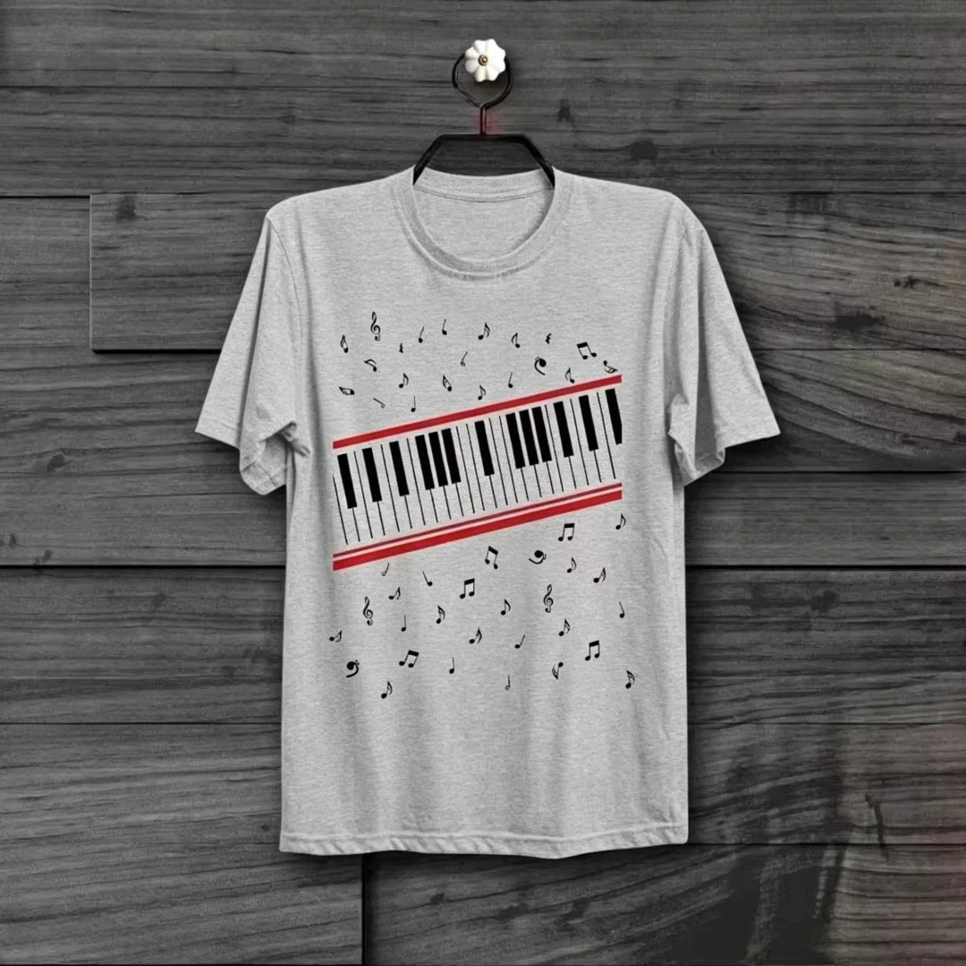 2026 Piano Keyboard Graphic Tee, Floating Musical Notes Print Short Sleeve, White Grey Pink Tshirt for Men Women
