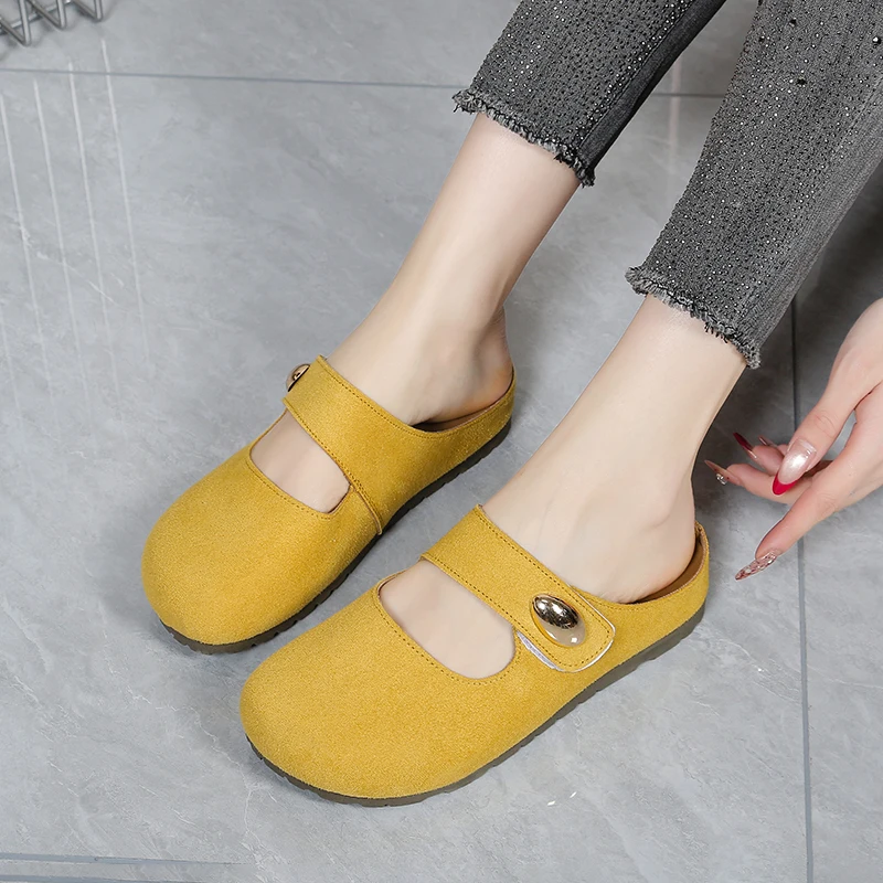 Free Shipping Women's Suede Mary Jane Mules,Casual Backless Flat Clogs,Comfortable Slip-on Slippers,Retro Minimalist Daily Shoes view 3
