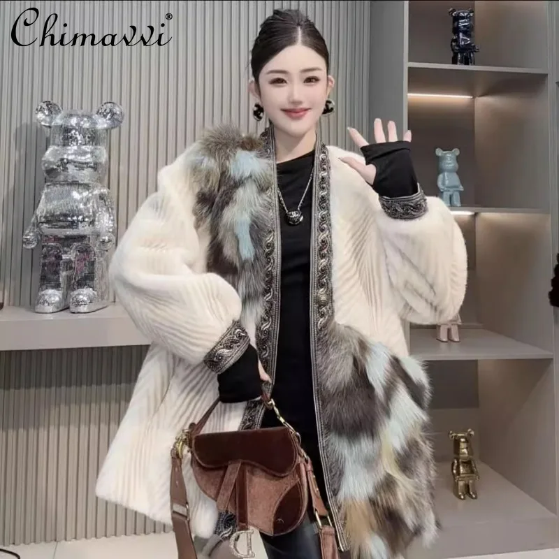 Winter Heavy Beaded European Mink Splicing Leather Fox Fur Coat High-end Fashion Color Rendering Loose Warm Elegant Fur Jackets