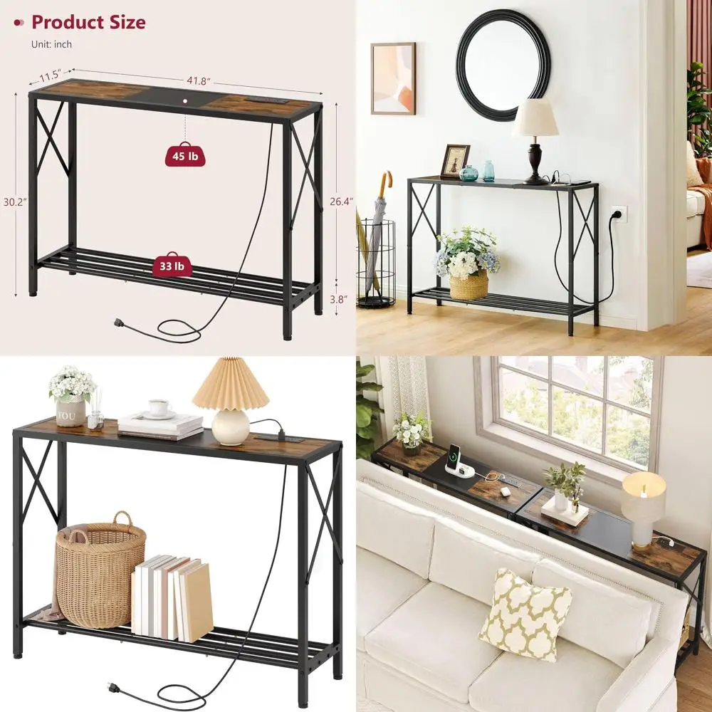 

Узкий 2-уровневый консольный столик для прихожей с зарядкой и полкой для хранения (41,8 дюйма), для прихожей, гостиной, коридора, коричневый и черный