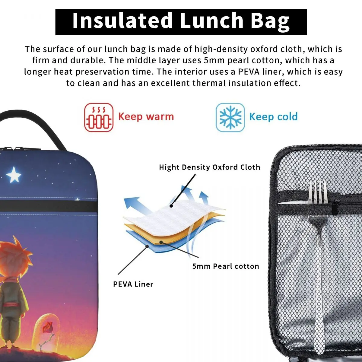 Bolsa térmica con aislamiento The Little Prince para el almuerzo Fiambrera Tote a prueba de fugas Star Rose, contenedor de comida, Oficina al aire libre para niños y niñas