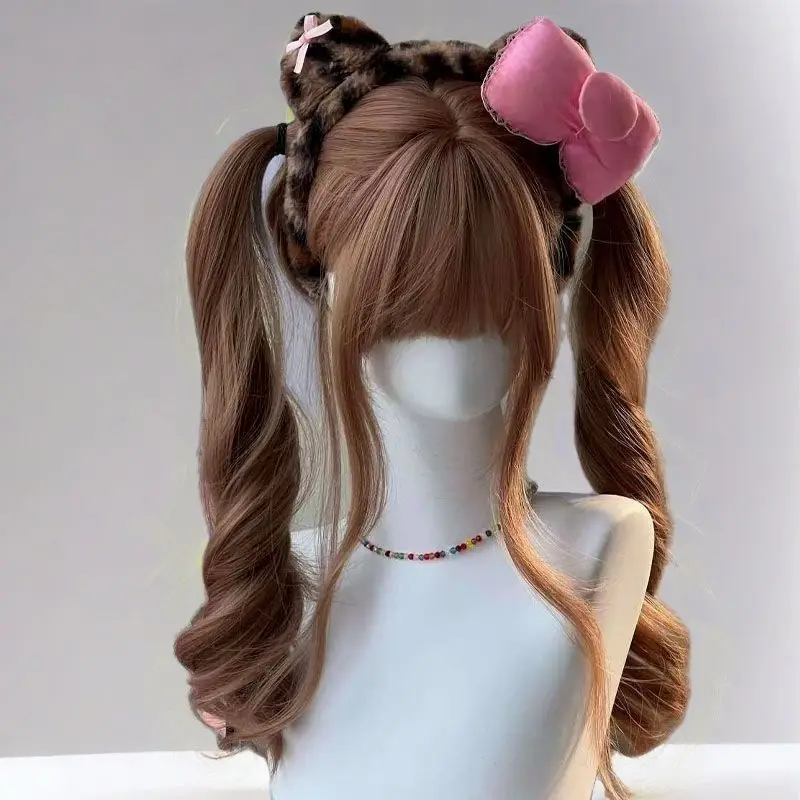 ‌ フレンチカーリーロリータウィッグ - チェスナットブラウンヘア、エアバング付き、JK女子高生ツインテール、フルヘッド合成コスプレヘア