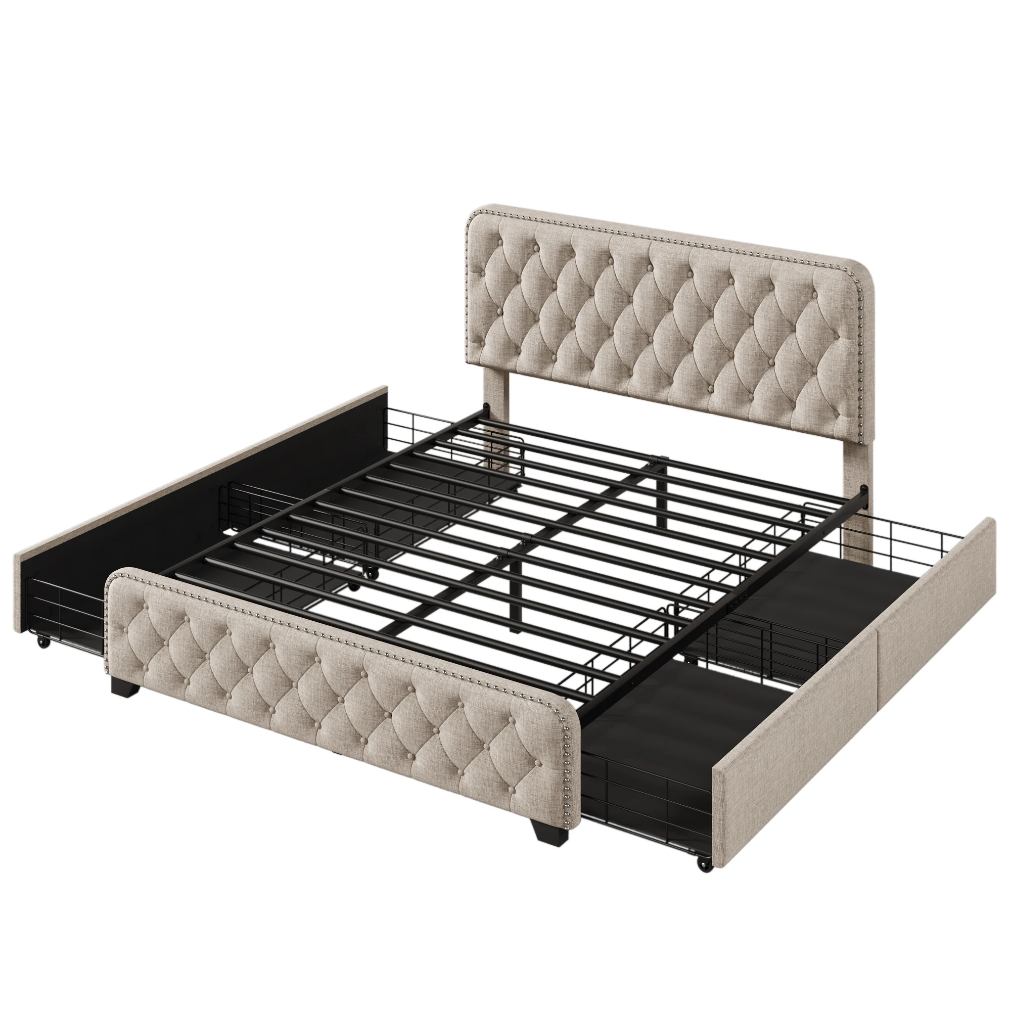 Upholstered Platform Bed Frame with Four Drawers, Button Tufted Headboard and Footboard Sturdy Metal Support, No Box， Queen