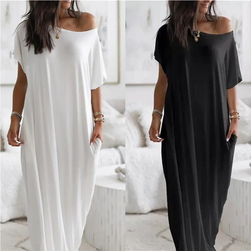 Women\'s Home Long Dress Summer Sexy One Shoulder Bat Sleeve Dress Casual Women\'s Solid Color Short Sleeve Long Dress