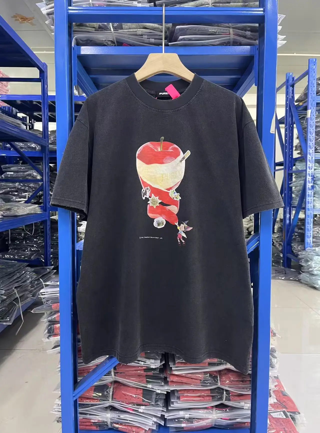 

Purey 25ss Винтажная потертая футболка с принтом яблока и короткими рукавами High Street Повседневная свободная хлопковая модная футболка оверсайз