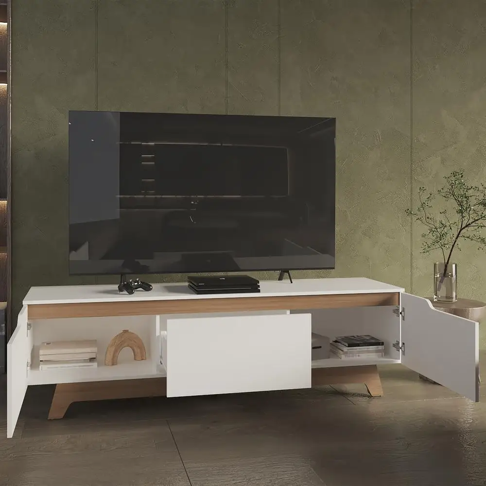 Suporte de TV Woodall Centro de entretenimento de carvalho natural branco Console de mídia moderno de 65 polegadas com armários de armazenamento e prateleiras abertas