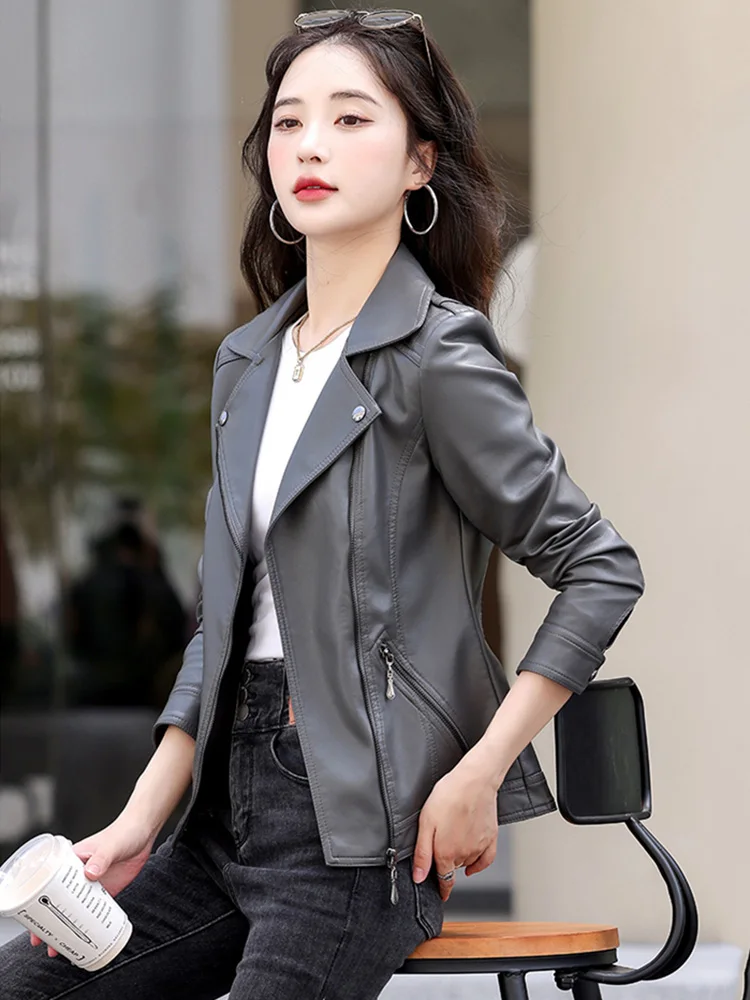 New Women Slim Leather Jacket Spring Autumn Fashion Turn-down Collar Zipper Fly Moto & Biker Jacket Split Leather Short Coat