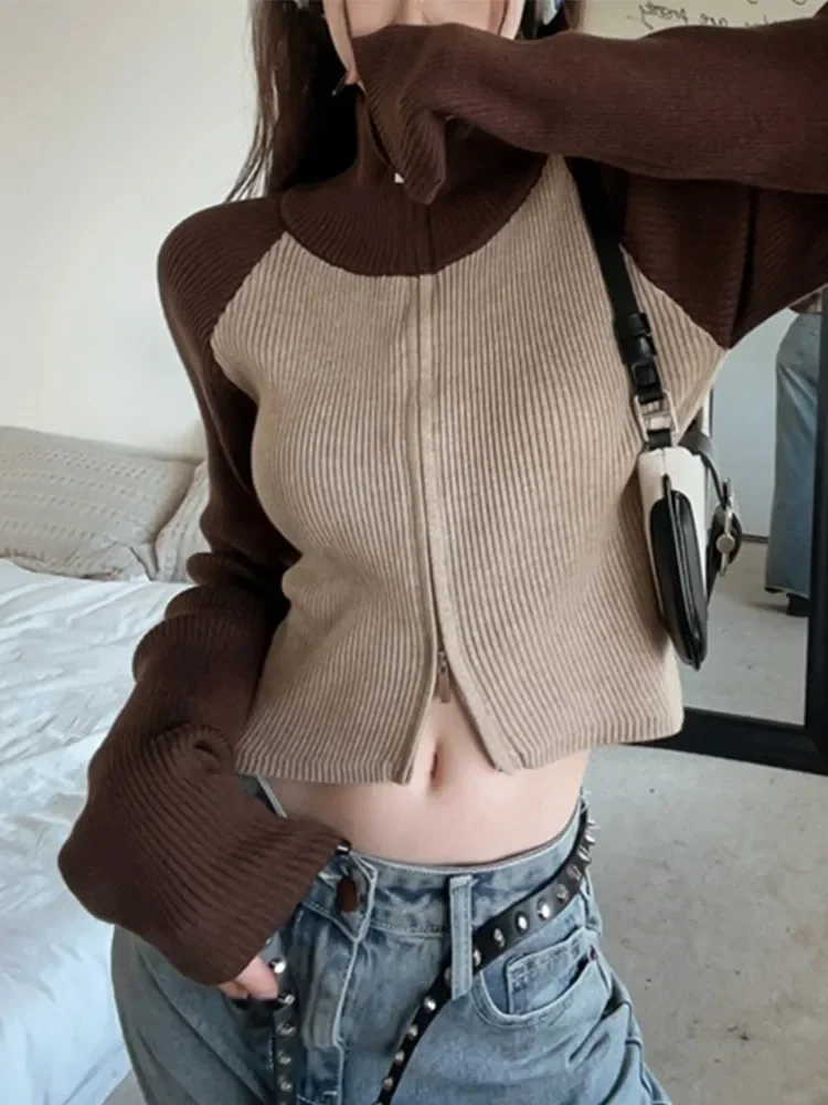 Grunge Patchwork Turtleneck Cardigans Y2k Vintage Knitted Coat Gothic Ribbed Swerater Korean Fashion Streetwear Winter