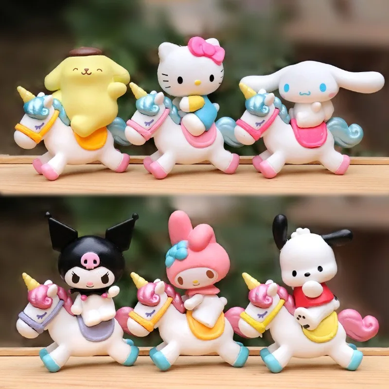 

6Pcs Sanrio Hello Kitty Dolls Decoration Cute Gift Anime Figure Kuromi Horse Riding Serie Cake Decoration Children Birthday Gift