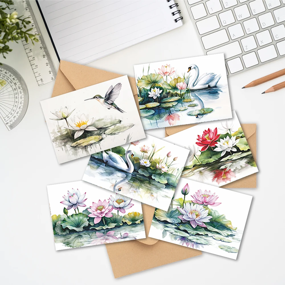 24pcs Watercolor Style Lotus & Animal Greeting Cards Set with Envelopes, DIY Invitation Cards, Multifunctional Fun, Express Love