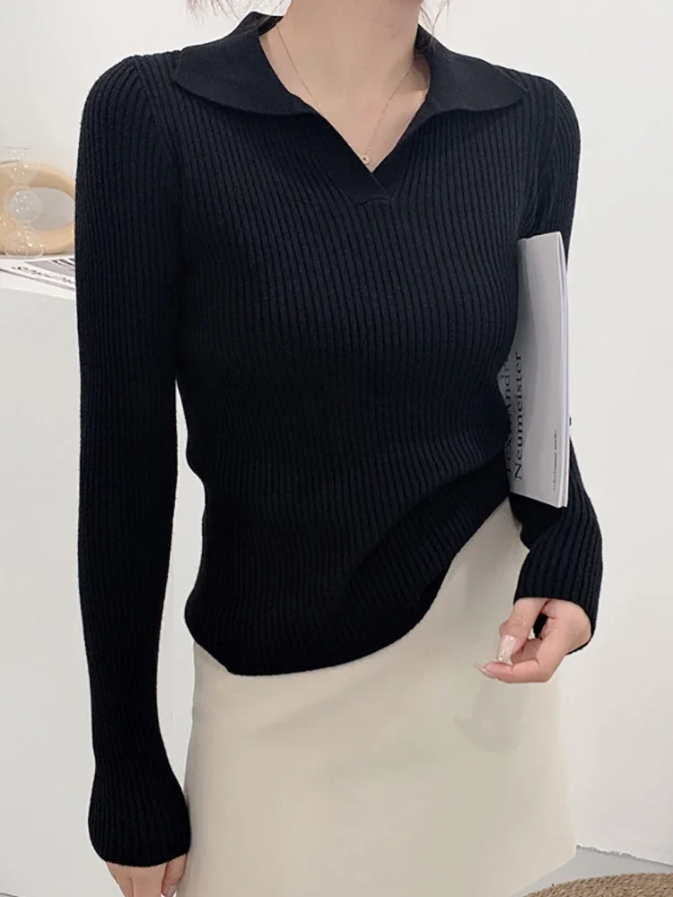 Korea Knit Sweater Pullover Women Long Sleeve Patchwork Slim Lapel Elegant Contrast Knitwear Top Female Skinny Ribbed Pullover