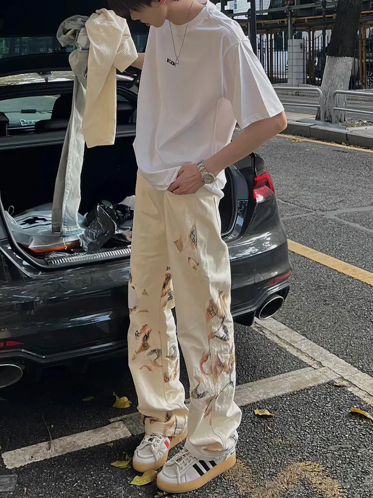 

Мужские джинсы в американском стиле High Street, с принтом «огни», белые, модные, свободные, прямые, повседневные, длинные, со средней высотой талии