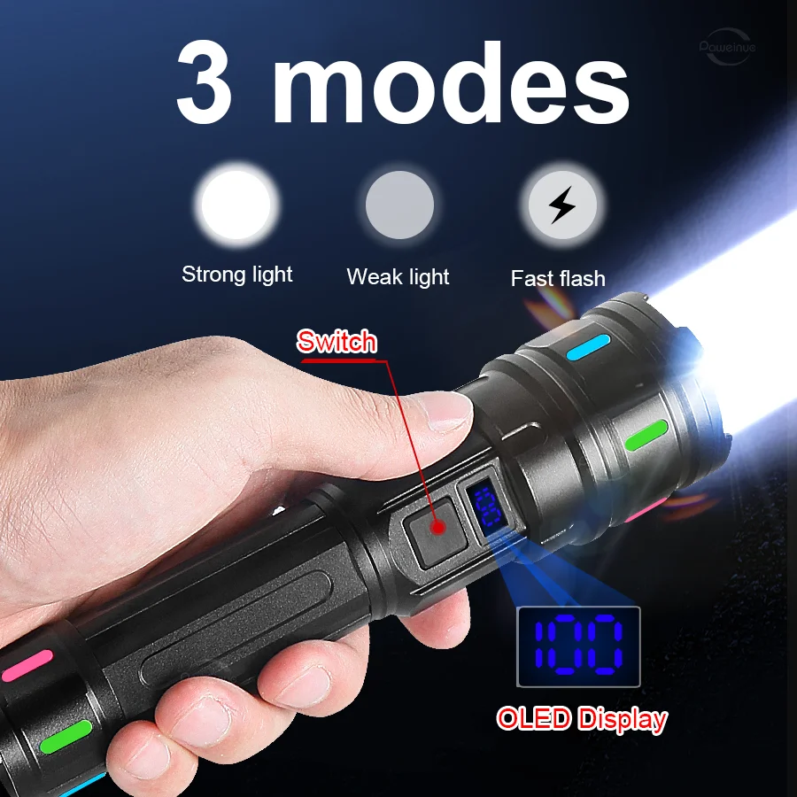 Most Powerful Tactical Flashlight Rechargeable High Strong Light LED Flashlights 18650 Long Range 5000M Zoom Torch Fishing Lamp