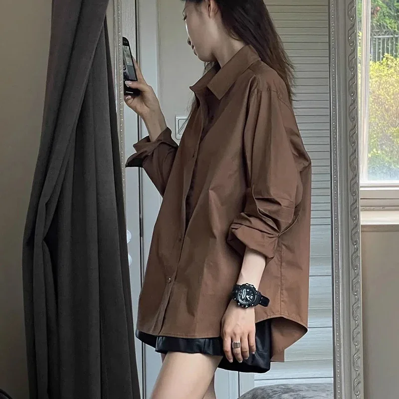 Gidyq Korean Women Streetwear Shirts Fashion All Match Female Loose Long Sleeve Top Casual Buttons Solid Coffee Shirt Spring New