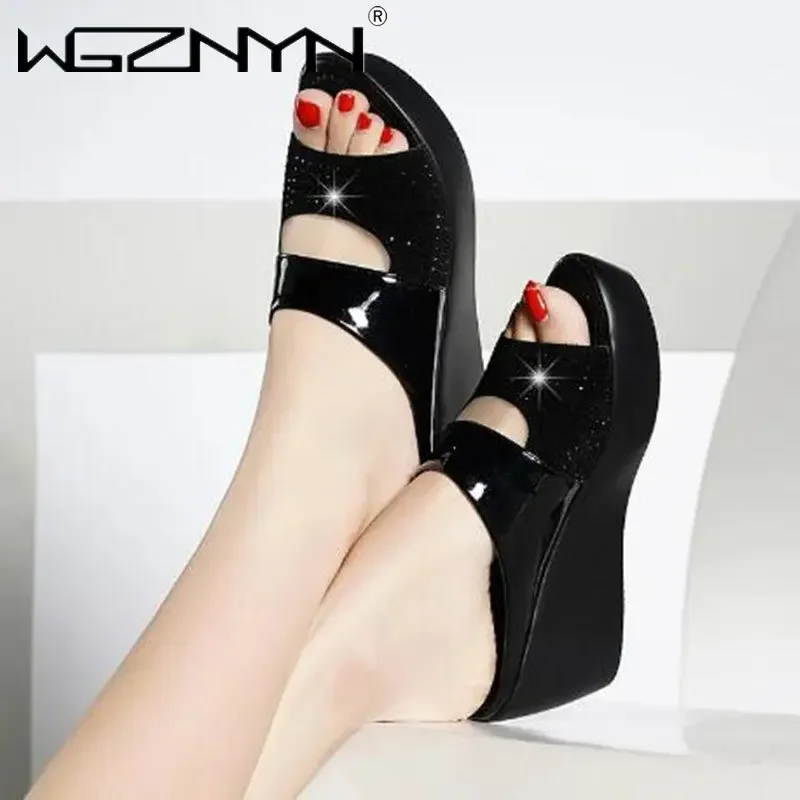 2023 New Women\'s Platform Slippers Wedge Summer Shoes Women Flip-Flops High Heels Loafers Casual Solid Color Party Bling Sandals