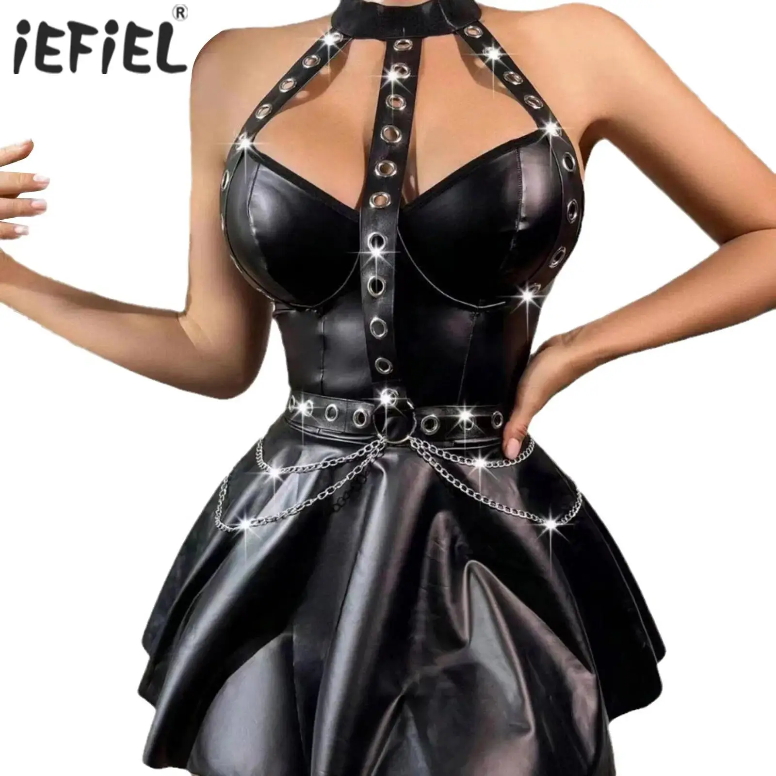 Womens Punk PU Leather Dress with T-Back Briefs Halter Eyelet Straps Chain A-Line Cocktails Mini Dress Jazz Performance Costume