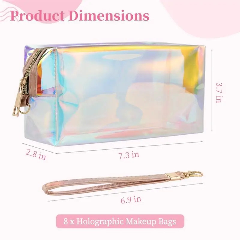 8Pcs/Set Holographic Makeup Bags Iridescent Clear Makeup Bag Portable Travel Cosmetic Bags With Zipper Wrist Loop Toiletry Bag