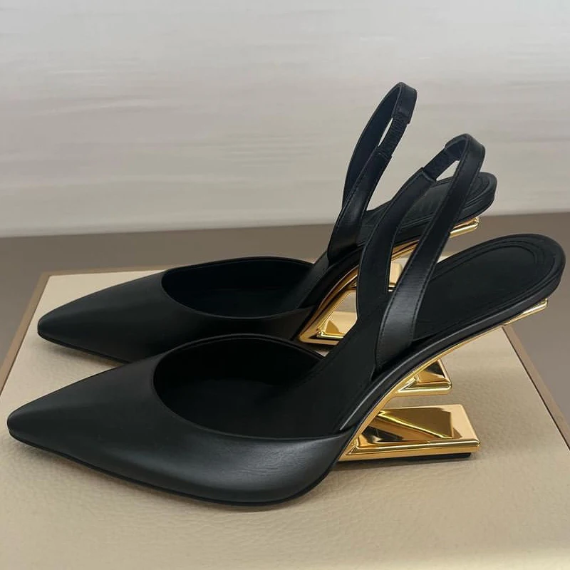 New Strange Style Pumps Women Slingbacks Metal High Heels Women Shoes Pointed Toe Party Dress Shoes sandalias de las mujeres
